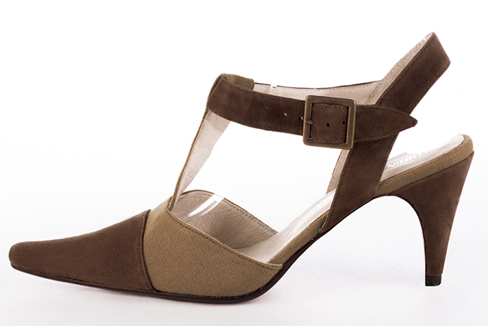 Chocolate brown and camel beige women's open back T-strap shoes. Tapered toe. High slim heel. Profile view - Florence KOOIJMAN