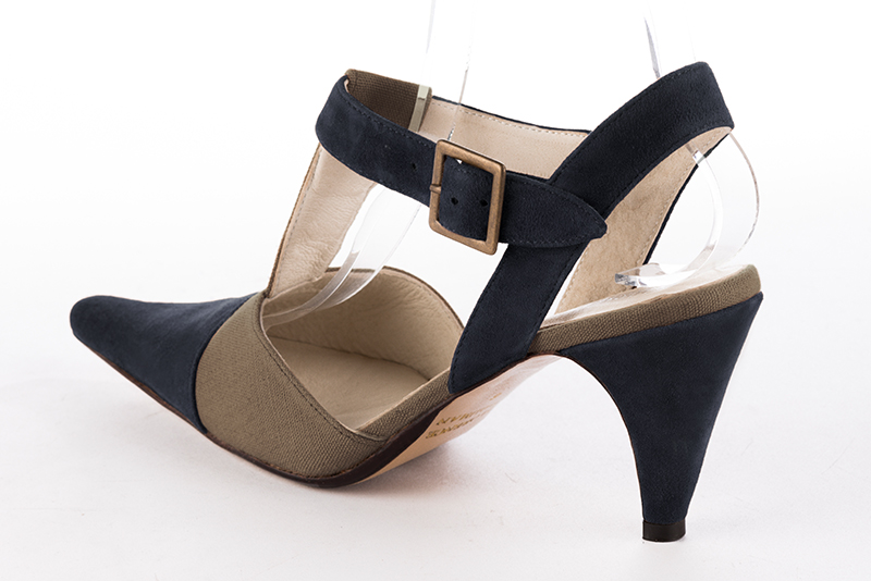 Navy blue and camel beige women's open back T-strap shoes. Tapered toe. High slim heel. Rear view - Florence KOOIJMAN