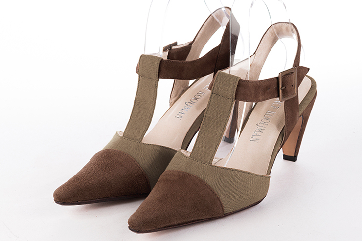 Chocolate brown and camel beige women's open back T-strap shoes. Tapered toe. High slim heel. Front view - Florence KOOIJMAN