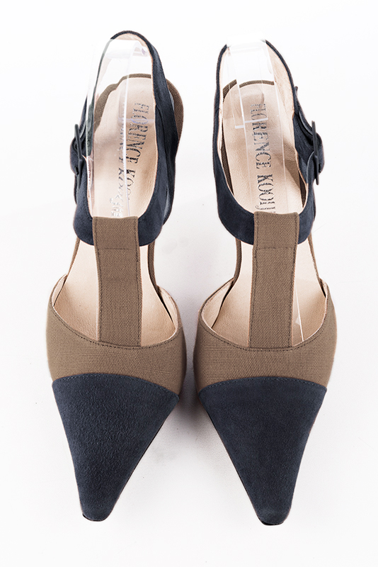 Navy blue and camel beige women's open back T-strap shoes. Tapered toe. High slim heel. Top view - Florence KOOIJMAN