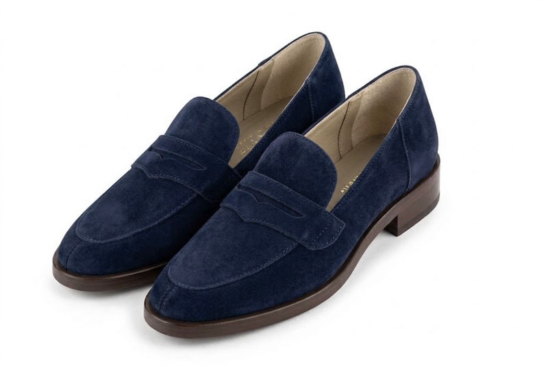 Women's navy blue lug-sole loafers with round toe and chunky rubber lug sole - Front view