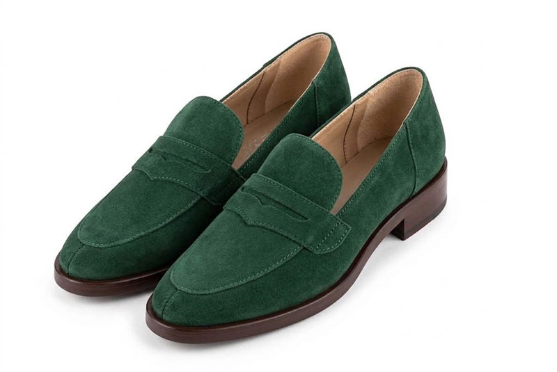 Step out in modern chunky loafers featuring durable lug soles, offering lightweight support, extra grip and bold everyday style, in forest green leather with round toe and chunky rubber lug sole