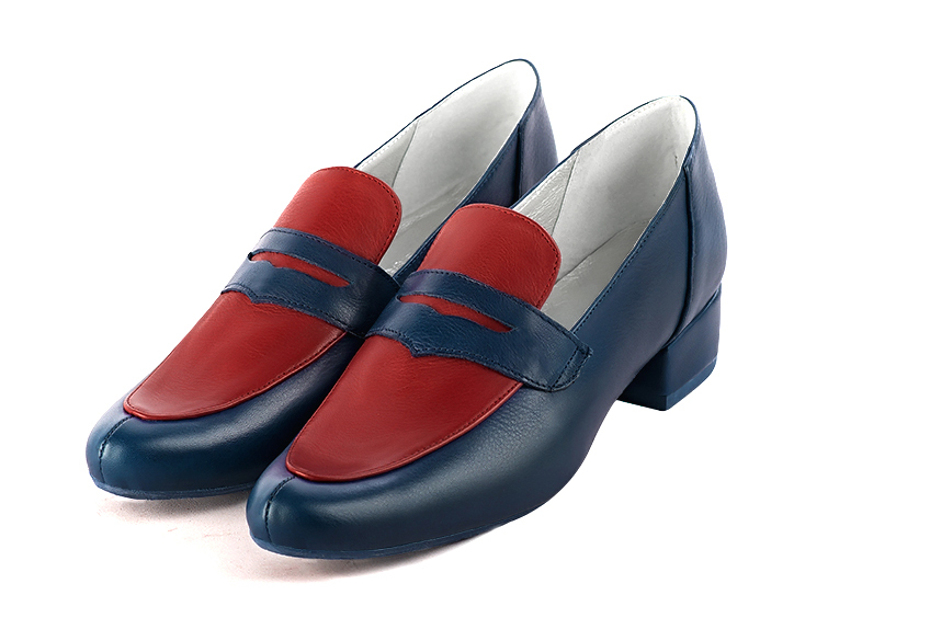 Navy blue and scarlet red women's essential loafers. Round toe. Low block heels. Front view - Florence KOOIJMAN