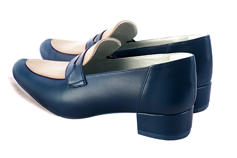 Navy blue and champagne white women's essential loafers. Round toe. Low block heels. Rear view - Florence KOOIJMAN