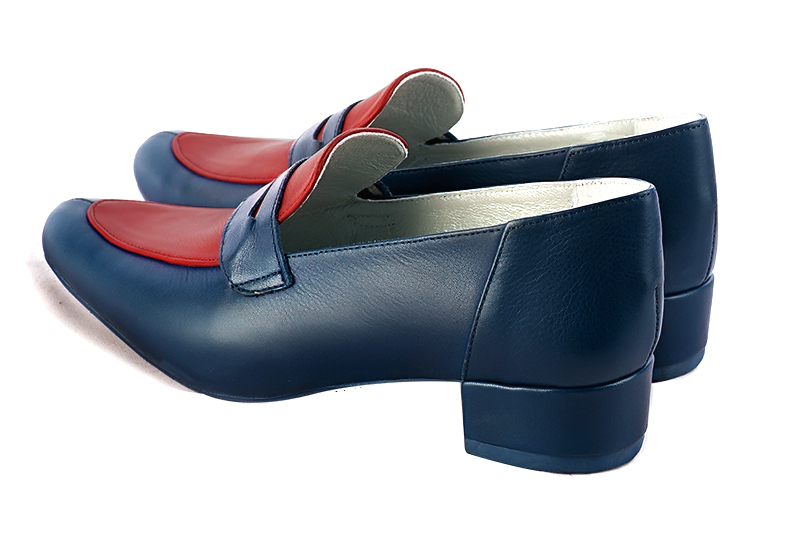 Navy blue and scarlet red women's essential loafers. Round toe. Low block heels. Rear view - Florence KOOIJMAN