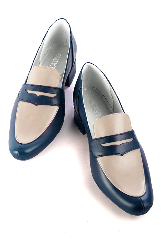 Navy blue and champagne white women's essential loafers. Round toe. Low block heels. Top view - Florence KOOIJMAN
