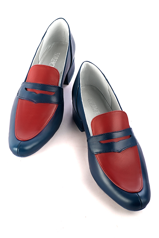 Navy blue and scarlet red women's essential loafers. Round toe. Low block heels. Top view - Florence KOOIJMAN
