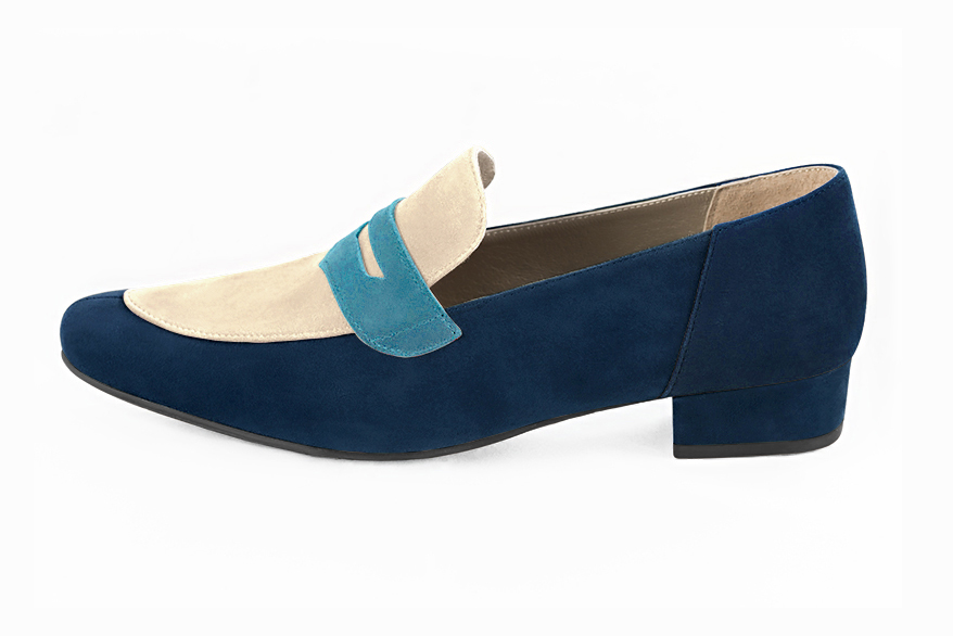 Navy blue and champagne beige women's essential loafers. Round toe. Low block heels. Profile view - Florence KOOIJMAN