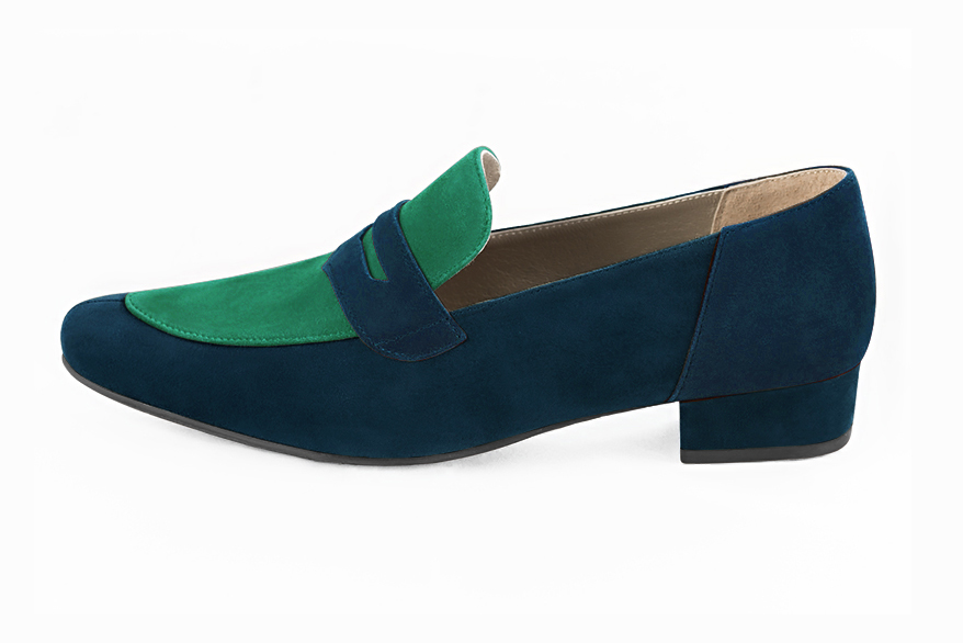 Navy blue and emerald green women's essential loafers. Round toe. Low block heels - Florence KOOIJMAN