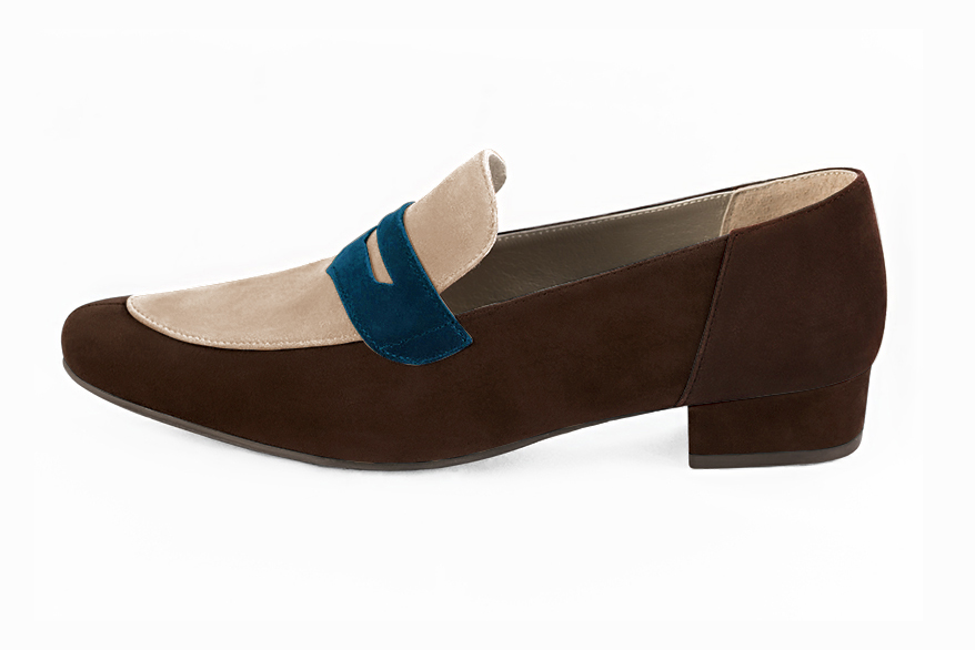Dark brown, tan beige and navy blue women's essential loafers. Round toe. Low block heels. Profile view - Florence KOOIJMAN