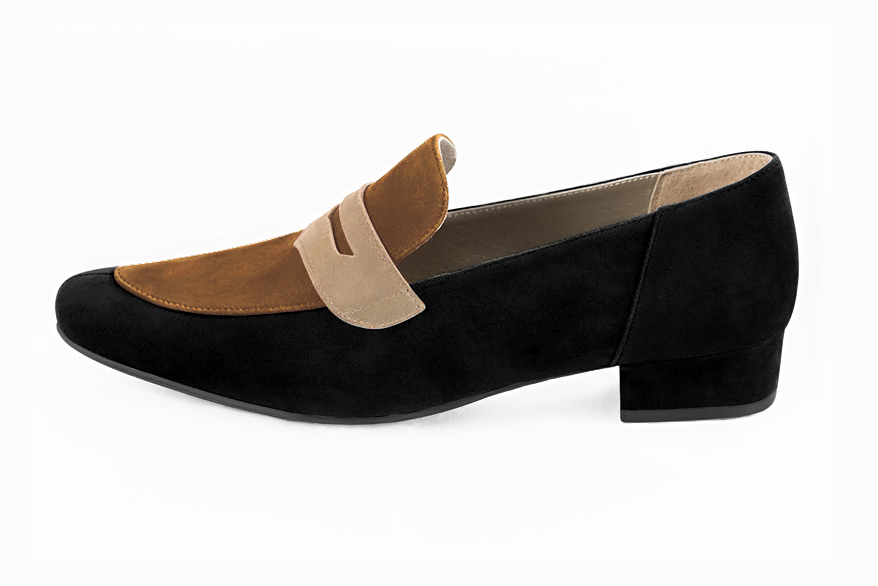 Matt black, caramel brown and tan beige women's essential loafers. Round toe. Low block heels. Profile view - Florence KOOIJMAN