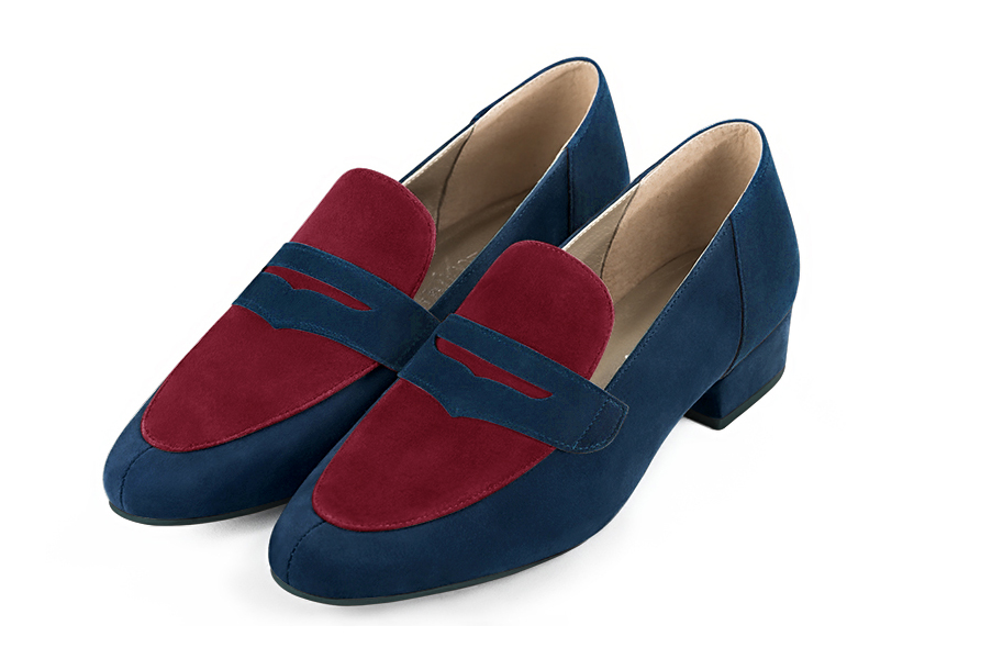 Navy blue and burgundy red women's essential loafers. Round toe. Low block heels. Front view - Florence KOOIJMAN