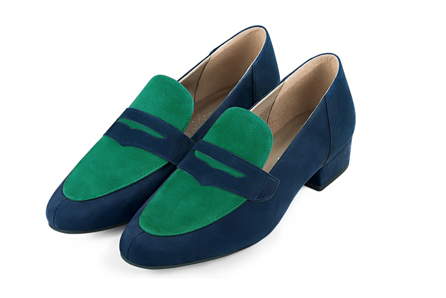 Navy blue and emerald green women's essential loafers. Round toe. Low block heels - Florence KOOIJMAN