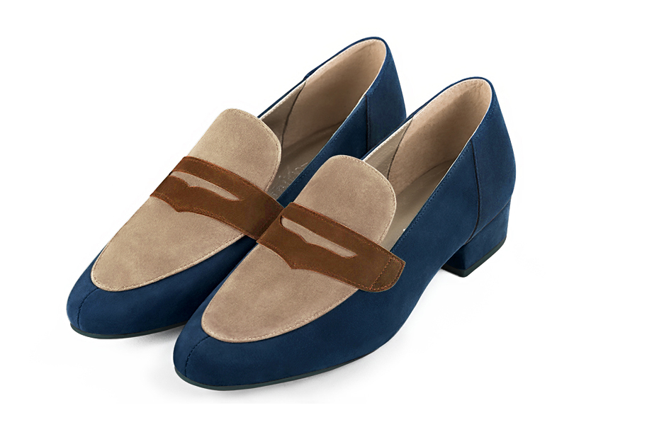 Navy blue, tan beige and caramel brown women's essential loafers. Round toe. Low block heels - Florence KOOIJMAN