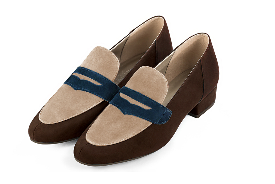 Dark brown, tan beige and navy blue women's essential loafers. Round toe. Low block heels. Front view - Florence KOOIJMAN