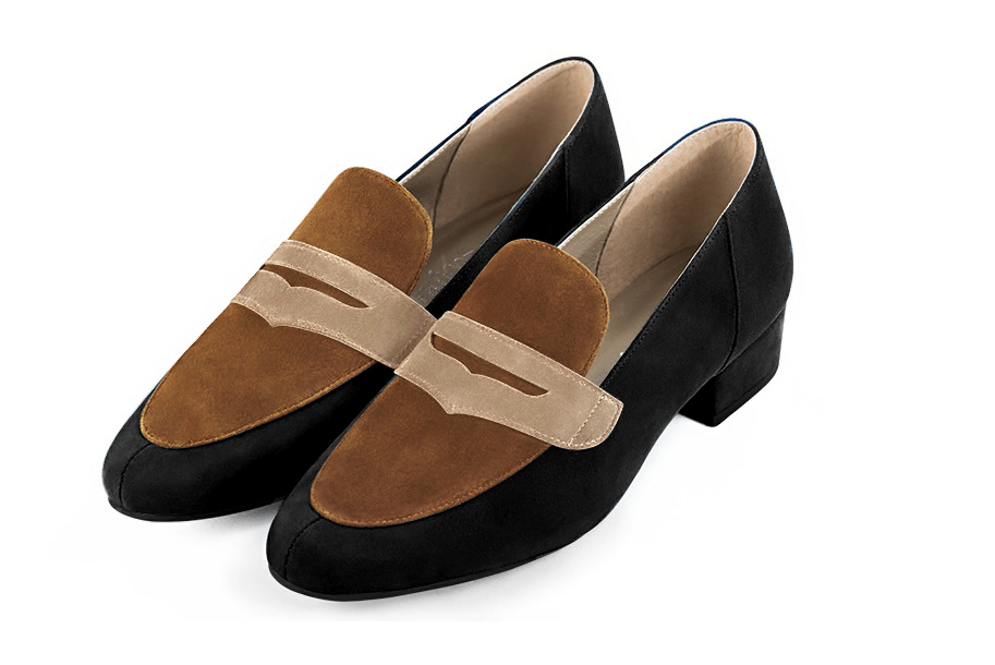 Matt black, caramel brown and tan beige essential loafers. Round toe. Low block heels. Elegant and refined mocassins - Florence KOOIJMAN