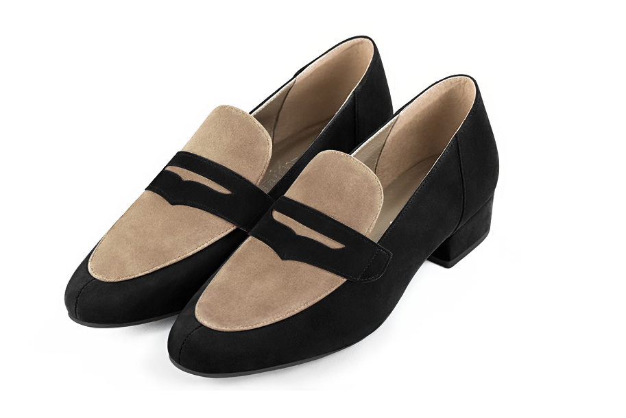 Matt black and tan beige women's essential loafers. Round toe. Low block heels. Front view - Florence KOOIJMAN