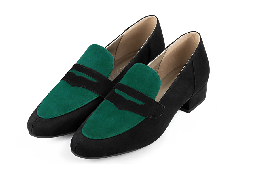 Matt black and emerald green women's essential loafers. Round toe. Low block heels. Front view - Florence KOOIJMAN