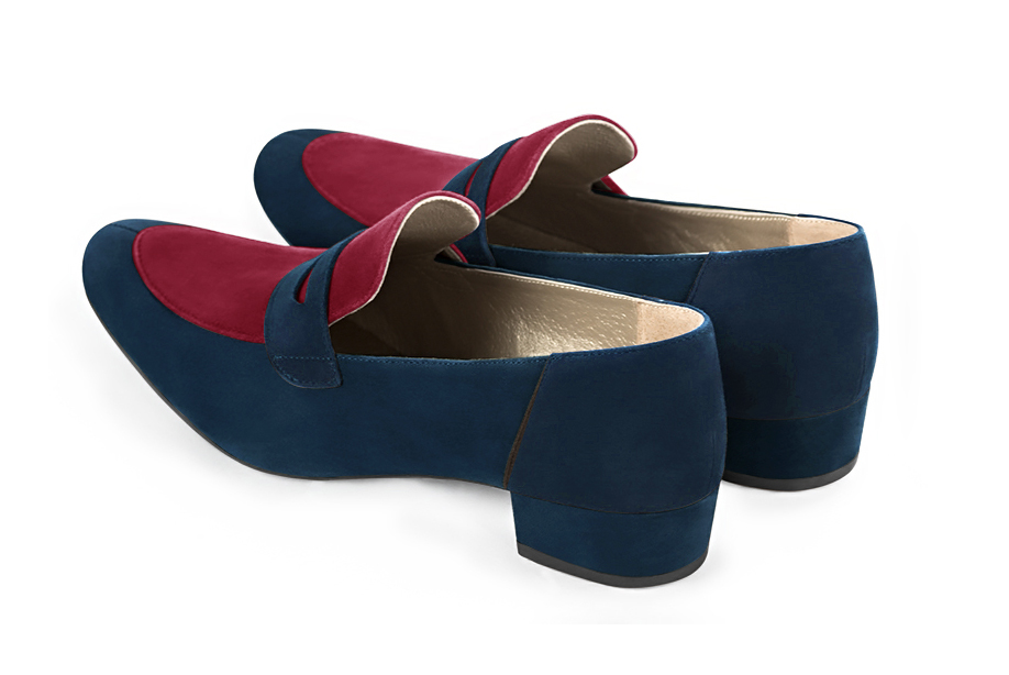 Navy blue and burgundy red women's essential loafers. Round toe. Low block heels. Rear view - Florence KOOIJMAN