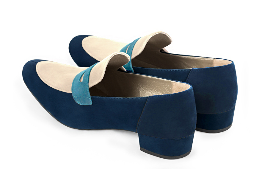 Navy blue and champagne beige women's essential loafers. Round toe. Low block heels. Rear view - Florence KOOIJMAN