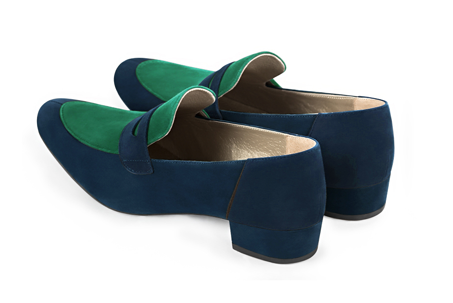 Navy blue and emerald green women's essential loafers. Round toe. Low block heels. Rear view - Florence KOOIJMAN
