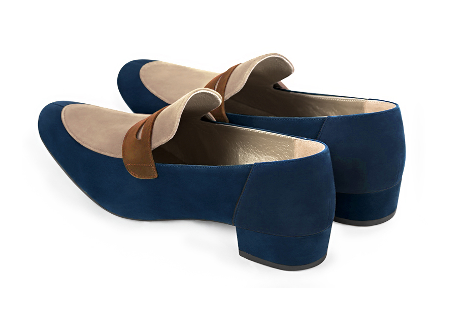 Navy blue, tan beige and caramel brown women's essential loafers. Round toe. Low block heels. Rear view - Florence KOOIJMAN