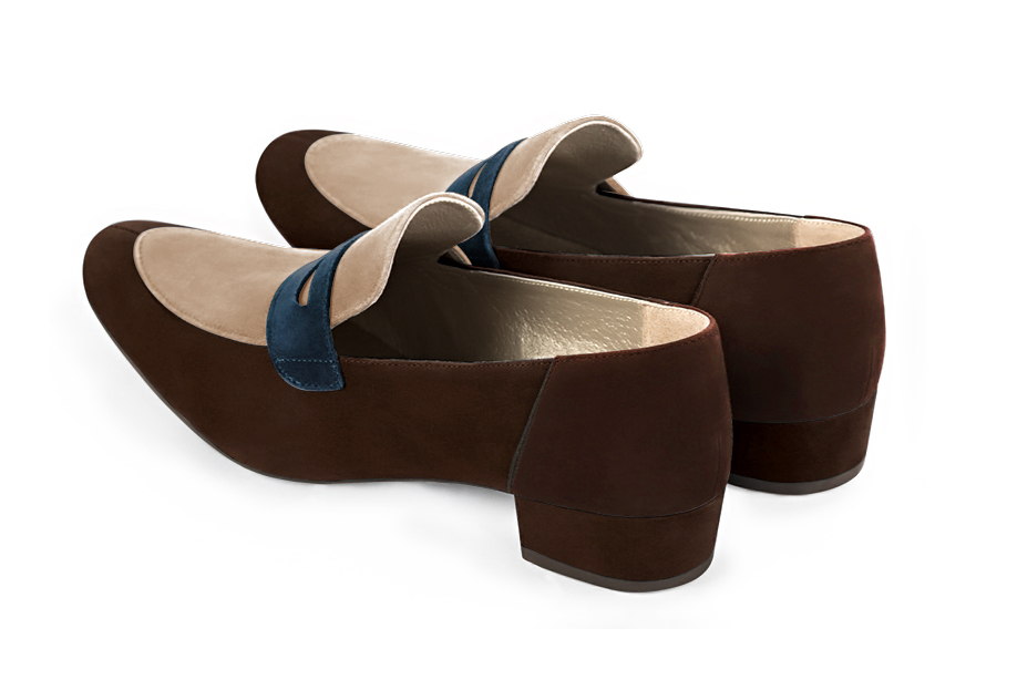 Dark brown, tan beige and navy blue women's essential loafers. Round toe. Low block heels. Rear view - Florence KOOIJMAN