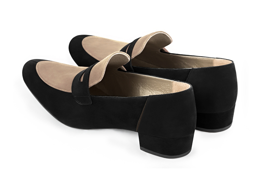 Matt black and tan beige women's essential loafers. Round toe. Low block heels. Rear view - Florence KOOIJMAN