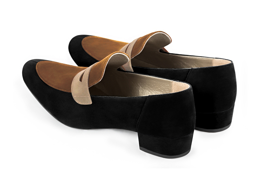 Matt black, caramel brown and tan beige women's essential loafers. Round toe. Low block heels. Rear view - Florence KOOIJMAN