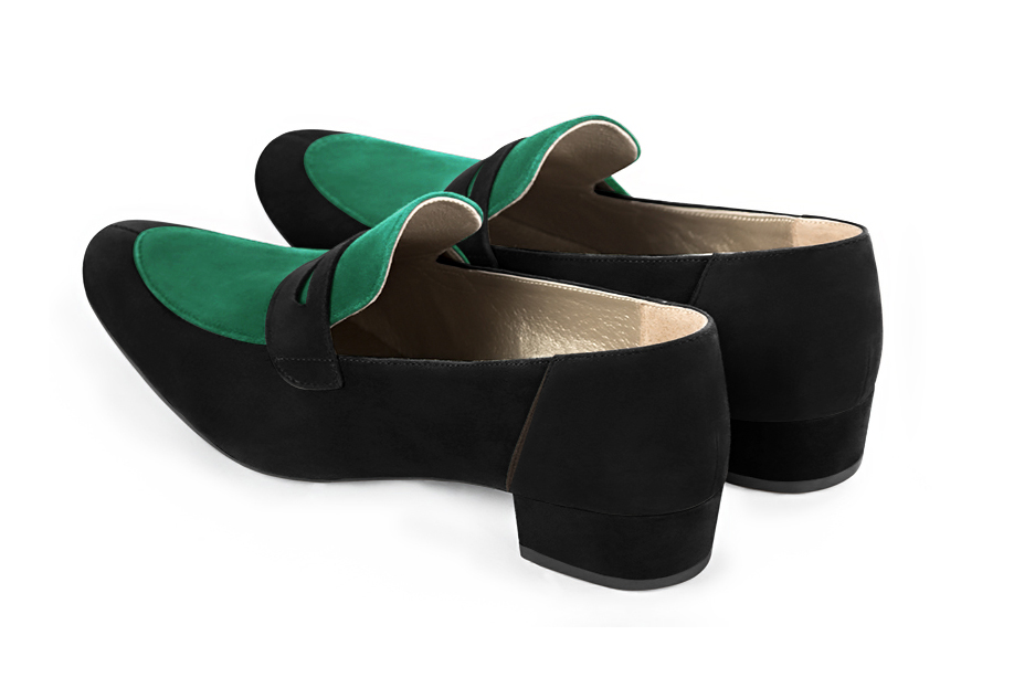 Matt black and emerald green women's essential loafers. Round toe. Low block heels. Rear view - Florence KOOIJMAN