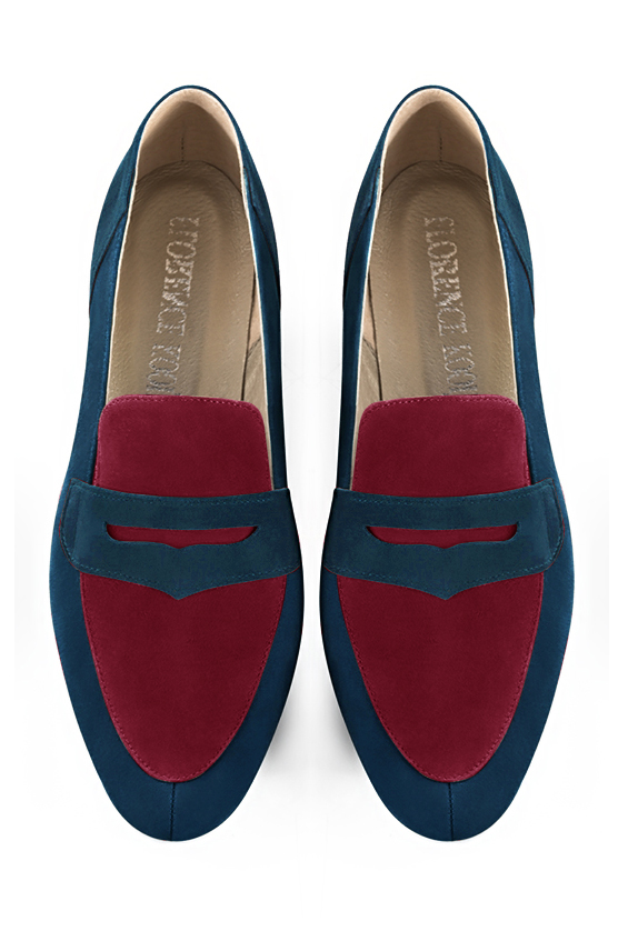 Navy blue and burgundy red women's essential loafers. Round toe. Low block heels. Top view - Florence KOOIJMAN