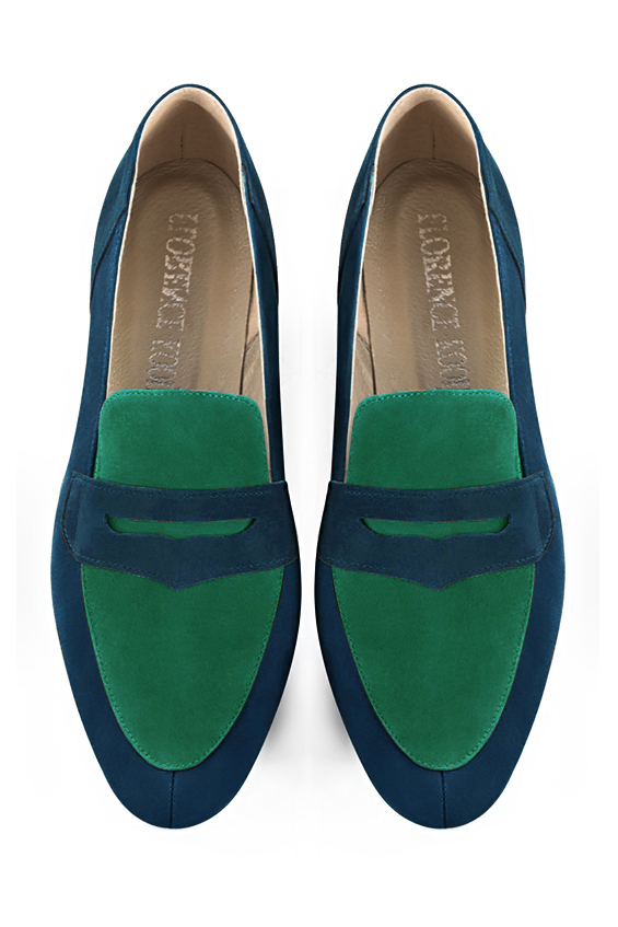 Navy blue and emerald green women's essential loafers. Round toe. Low block heels. Top view - Florence KOOIJMAN