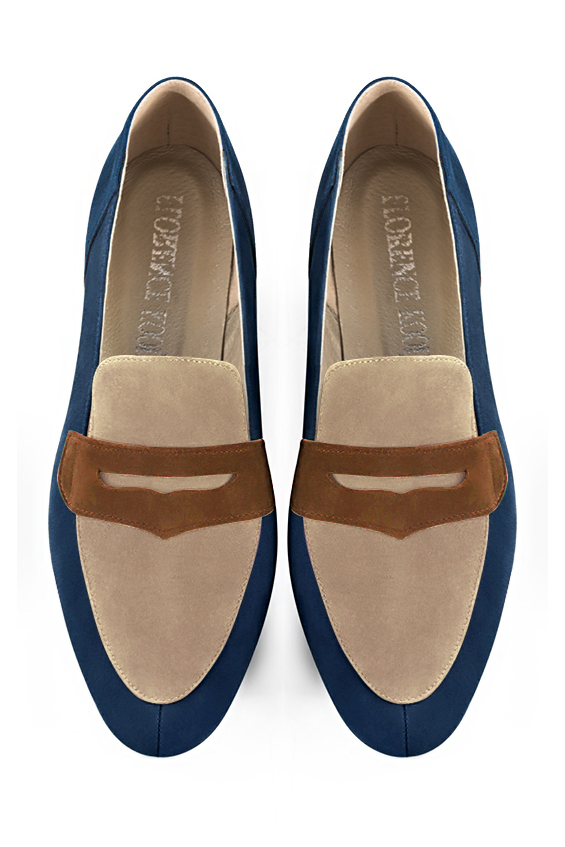 Navy blue, tan beige and caramel brown women's essential loafers. Round toe. Low block heels. Top view - Florence KOOIJMAN