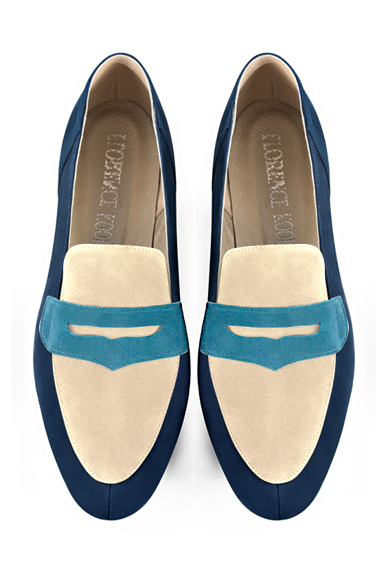 Navy blue and champagne beige women's essential loafers. Round toe. Low block heels. Top view - Florence KOOIJMAN