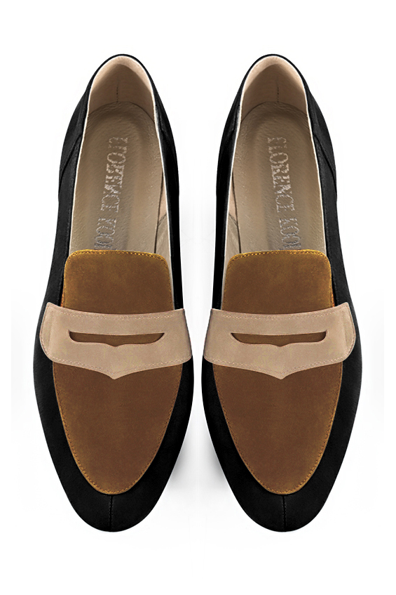 Matt black, caramel brown and tan beige women's essential loafers. Round toe. Low block heels. Top view - Florence KOOIJMAN