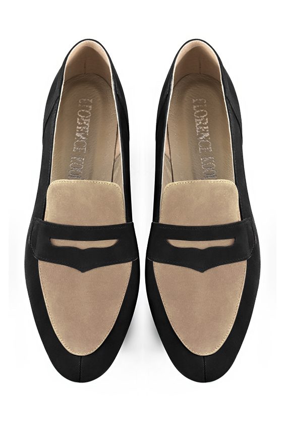 Matt black and tan beige women's essential loafers. Round toe. Low block heels. Top view - Florence KOOIJMAN