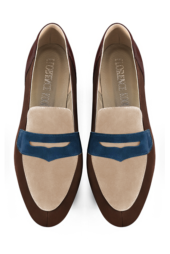 Dark brown, tan beige and navy blue women's essential loafers. Round toe. Low block heels. Top view - Florence KOOIJMAN
