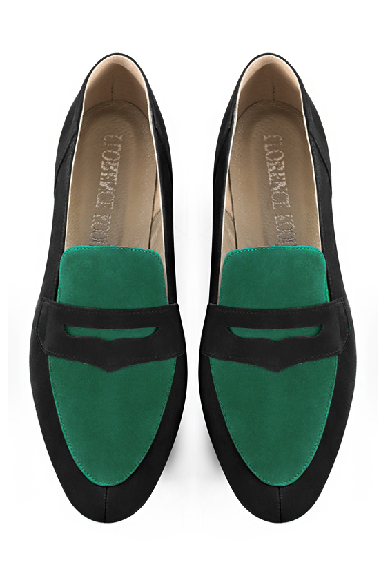 Matt black and emerald green women's essential loafers. Round toe. Low block heels. Top view - Florence KOOIJMAN