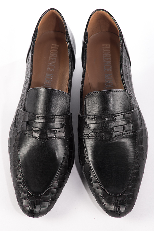 Satin black women's essential loafers. Round toe. Low block heels. Top view - Florence KOOIJMAN
