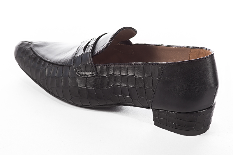 Satin black women's essential loafers. Round toe. Low block heels. Rear view - Florence KOOIJMAN