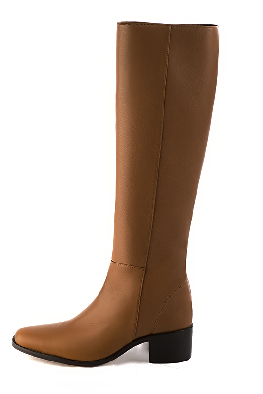 Caramel brown women's riding knee-high boots. Round toe. Low leather soles. Made to measure. Profile view - Florence KOOIJMAN