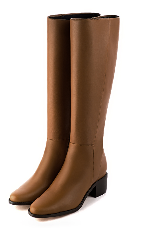 Caramel brown women's riding knee-high boots. Round toe. Low leather soles. Made to measure. Front view - Florence KOOIJMAN