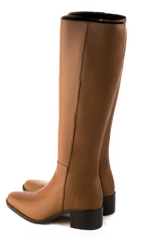 Caramel brown women's riding knee-high boots. Round toe. Low leather soles. Made to measure. Rear view - Florence KOOIJMAN
