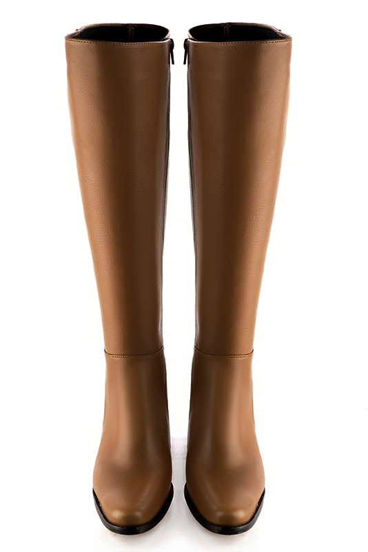 Caramel brown women's riding knee-high boots. Round toe. Low leather soles. Made to measure. Top view - Florence KOOIJMAN