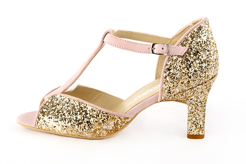 Gold and light pink women's closed back sandals, with an instep strap. Round toe. High kitten heels. Profile view - Florence KOOIJMAN