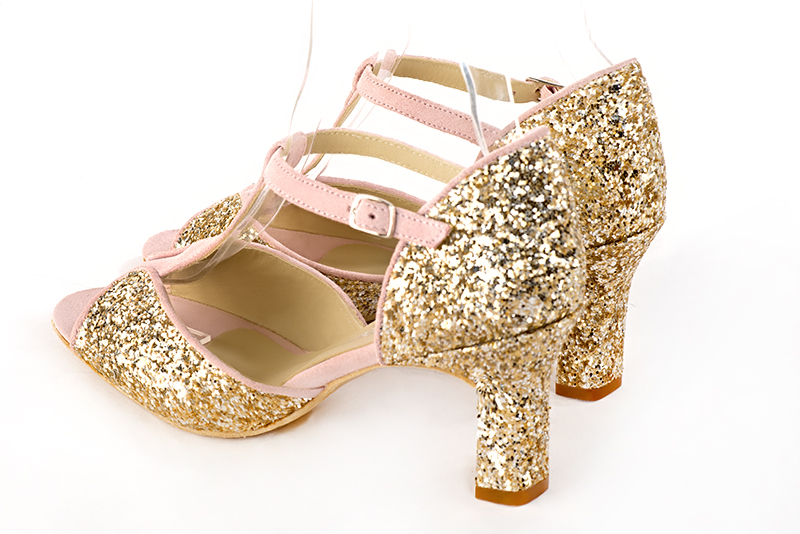 Gold and light pink women's closed back sandals, with an instep strap. Round toe. High kitten heels. Rear view - Florence KOOIJMAN