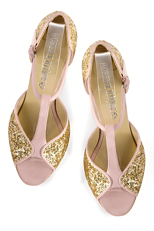 Gold and light pink women's closed back sandals, with an instep strap. Round toe. High kitten heels. Top view - Florence KOOIJMAN