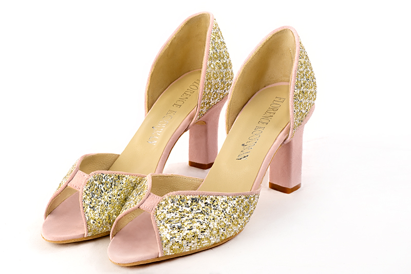 Gold and light pink women's closed back sandals, without strap. Tapered toe. High kitten heels. Front view - Florence KOOIJMAN