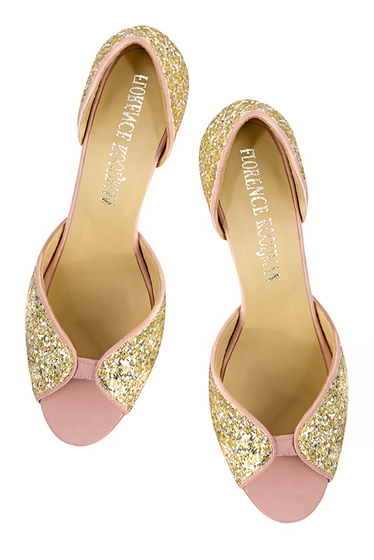 Gold and light pink women's closed back sandals, without strap. Tapered toe. High kitten heels. Top view - Florence KOOIJMAN