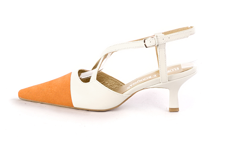 Apricot orange and off white women's open back shoes, with crossed straps. Tapered toe. Medium spool heels. Profile view - Florence KOOIJMAN
